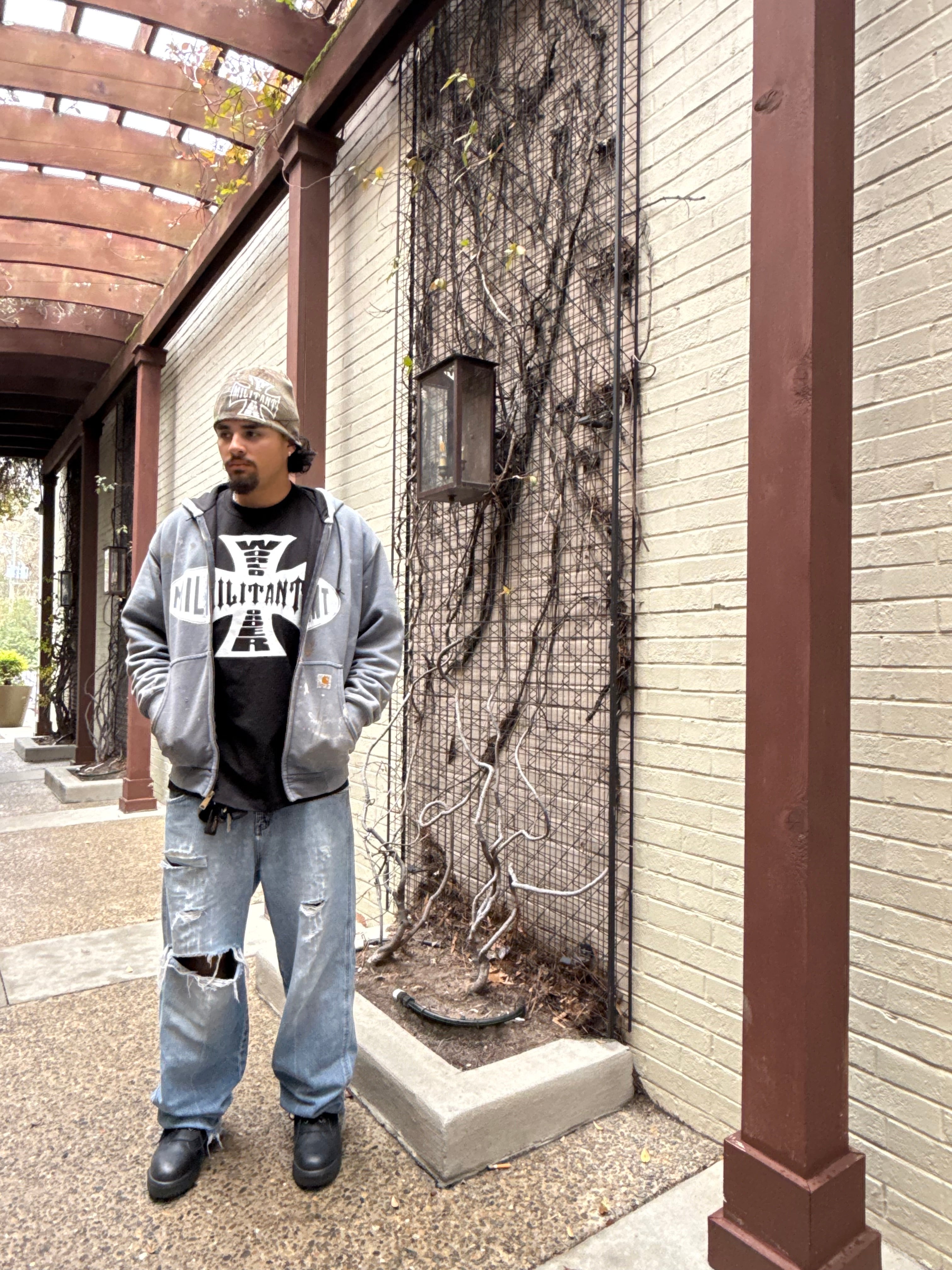 MILITANT WORLD ORDER BEANIE AND TEE.
1/1 MILITANT THERMAL LINED VINTAGE ZIPUP.